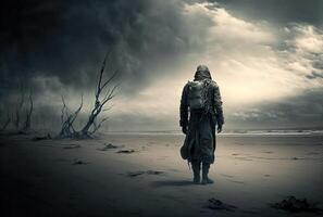 Apocalyptic landscape with a lonely figure in a hood. photo