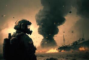 Soldier on the background of explosion. photo