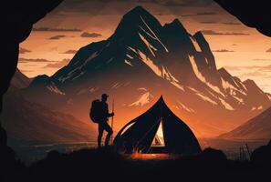 Man with tourist backpack, tent and mountains abstract flat background. photo