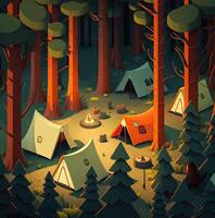 Night landscape in flat style with tents, campfire and forest. photo