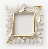 Golden square frame with white leaves. photo