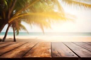 Table in front of blurred tropical beach of summer time background. photo