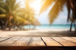 Table in front of blurred tropical beach of summer time background. photo