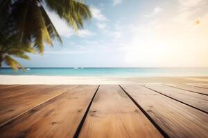 Table in front of blurred tropical beach of summer time background. photo