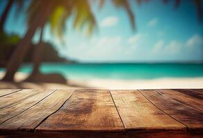 Table in front of blurred tropical beach of summer time background. photo