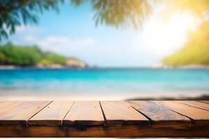 Table in front of blurred tropical beach of summer time background. photo