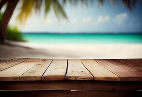 Table in front of blurred tropical beach of summer time background. photo