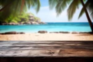 Table in front of blurred tropical beach of summer time background. photo