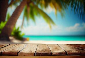 Table in front of blurred tropical beach of summer time background. photo