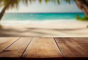 Table in front of blurred tropical beach of summer time background. photo