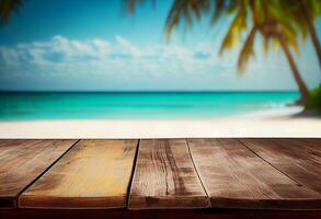 Table in front of blurred tropical beach of summer time background. photo