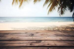 Table in front of blurred tropical beach of summer time background. photo