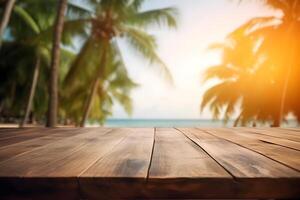 mesa en frente de borroso tropical playa de verano hora antecedentes. ai generado foto