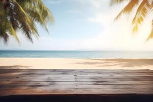 Table in front of blurred tropical beach of summer time background. photo