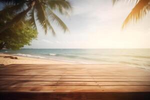 Table in front of blurred tropical beach of summer time background. photo