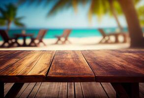 Table in front of blurred tropical beach of summer time background. photo