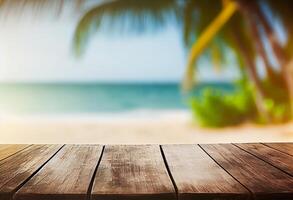 Table in front of blurred tropical beach of summer time background. photo