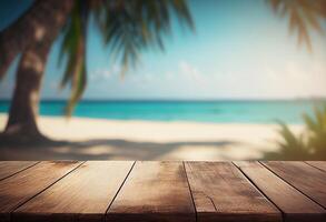 Table in front of blurred tropical beach of summer time background. photo