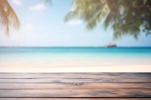 Table in front of blurred tropical beach of summer time background. photo