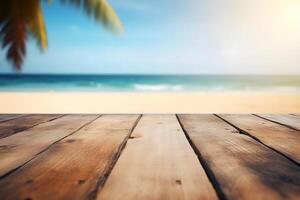 Table in front of blurred tropical beach of summer time background. photo