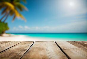 Table in front of blurred tropical beach of summer time background. photo