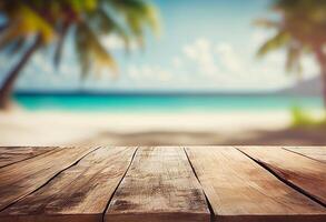 Table in front of blurred tropical beach of summer time background. photo