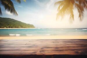 Table in front of blurred tropical beach of summer time background. photo