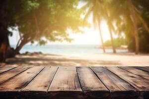 Table in front of blurred tropical beach of summer time background. photo