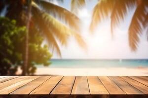 Table in front of blurred tropical beach of summer time background. photo