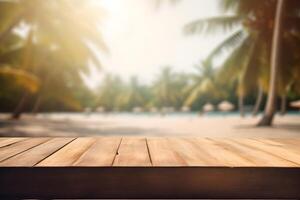 Table in front of blurred tropical beach of summer time background. photo
