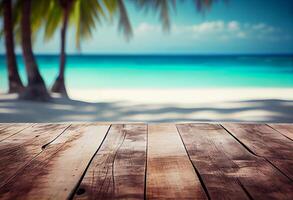 Table in front of blurred tropical beach of summer time background. photo