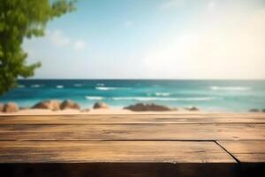 Table in front of blurred tropical beach of summer time background. photo