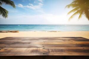 Table in front of blurred tropical beach of summer time background. photo