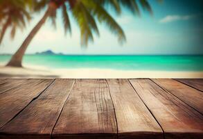 Table in front of blurred tropical beach of summer time background. photo