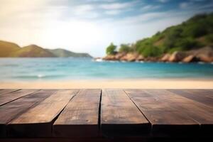 Table in front of blurred tropical beach of summer time background. photo