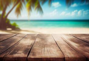 Table in front of blurred tropical beach of summer time background. photo