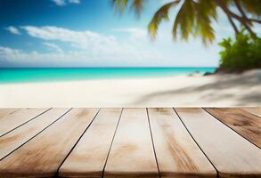 mesa en frente de borroso tropical playa de verano hora antecedentes. ai generado foto