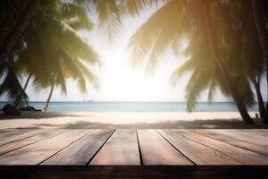 Table in front of blurred tropical beach of summer time background. photo