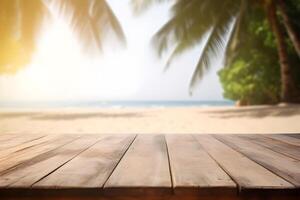 Table in front of blurred tropical beach of summer time background. photo