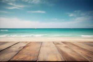 Table in front of blurred tropical beach of summer time background. photo