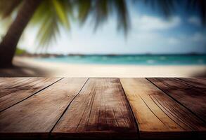 Table in front of blurred tropical beach of summer time background. photo