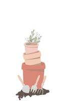 Garden's pots with gardening tools vector hand drawn