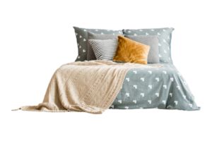 Bed with blue bed sheets, pillows and beige blanket isolated on a transparent background png