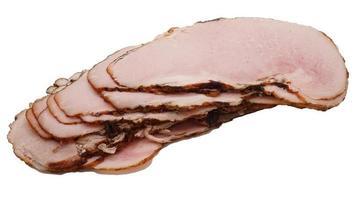 Sliced smoked ham isolated on a white background. Top view. photo