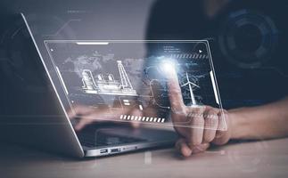 Businessman hand touch global network connection with virtual modern reduce CO2 emission concept with icons, global warming emissions carbon footprint climate change to limit global warming, energy photo