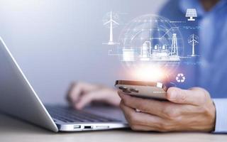Businessman hand touch global network connection with virtual modern reduce CO2 emission concept with icons, global warming emissions carbon footprint climate change to limit global warming, energy photo