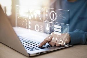 Working Data Analytics and Data Management Systems and Metrics connected to corporate strategy database for Finance, Intelligence,  Business Analytics with Key Performance Indicators, social network photo