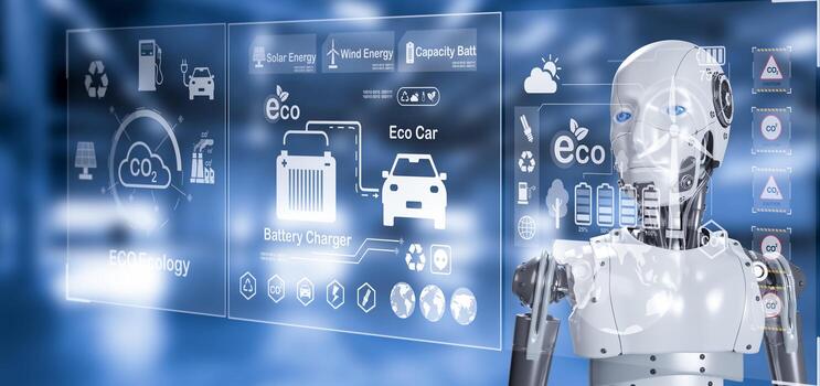 Robots working with digital displays,  AI robot humanoids virtual modern reduce CO2 emission concepts global warming emissions carbon footprint climate change to limit global warming, energy power photo