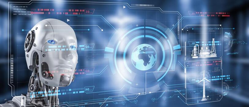 Robots working with digital displays,  AI robot humanoids virtual modern reduce CO2 emission concepts global warming emissions carbon footprint climate change to limit global warming, energy power photo