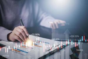 Business people touch planning and strategy, Stock market, Business growth down, Concept of financial crisis, echnical price graph and indicator, red candlestick chart with analyzing forex trading. photo
